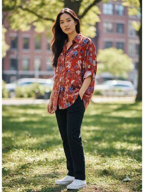 Simply Emma Womens Rust Floral Button-Up Shirt 3X Lightweight Polyester Long Sle